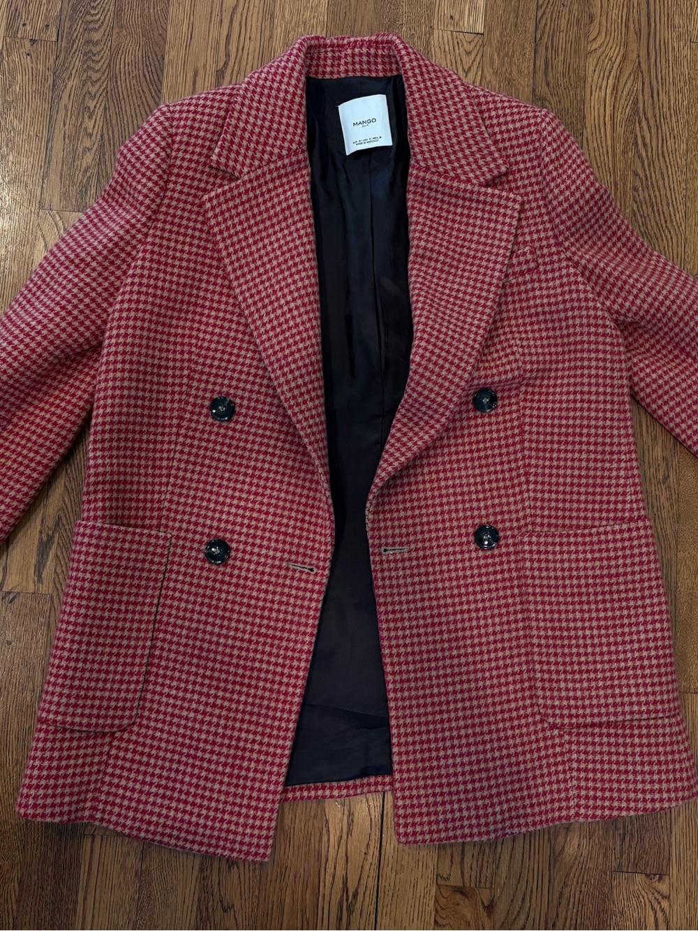 Mango Red Houndstooth Double-Breasted Pea Coat